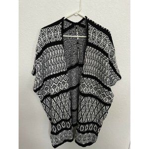NY Collection Womens Open Front Poncho Black White Sz S/M